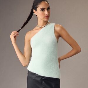By Anthropologie One-Shoulder Eyelash Sweater Tank Sky Mint Green L NWT